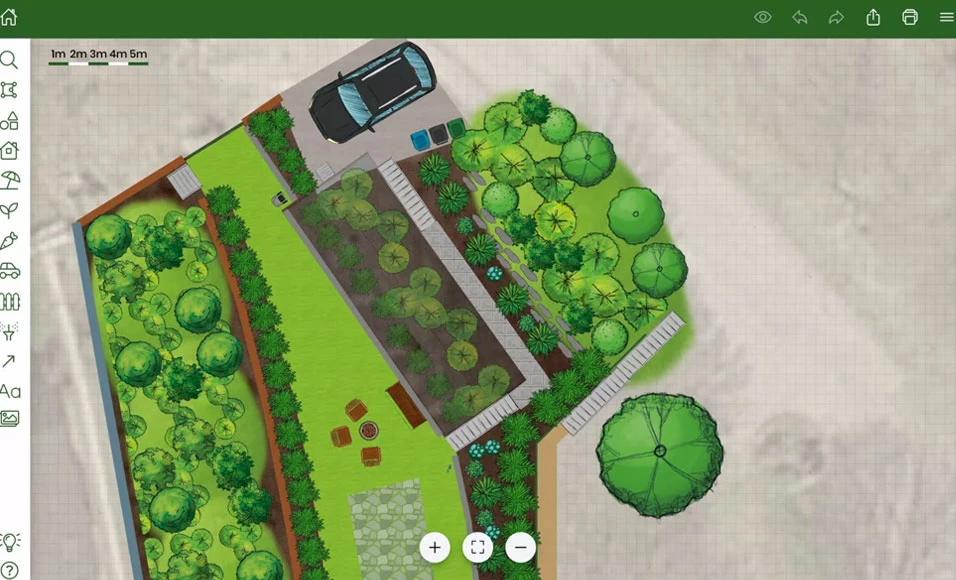 Benutzeroberfläche im Gartenplaner mit gestaltetem Gartenprojekt